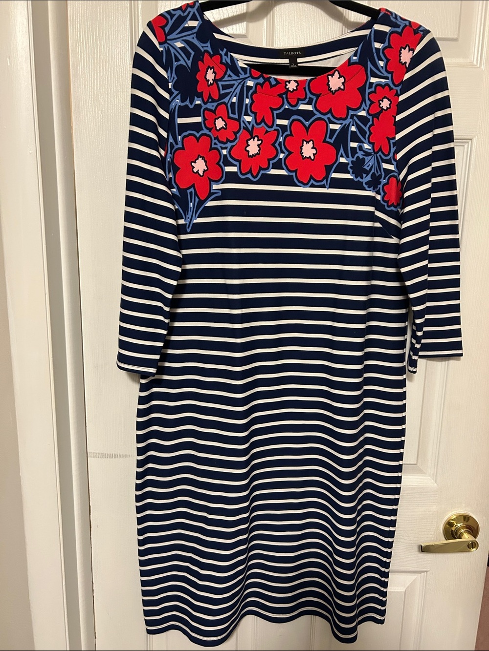 Talbots Navy & White Striped Midi Dress with Red Floral Yoke